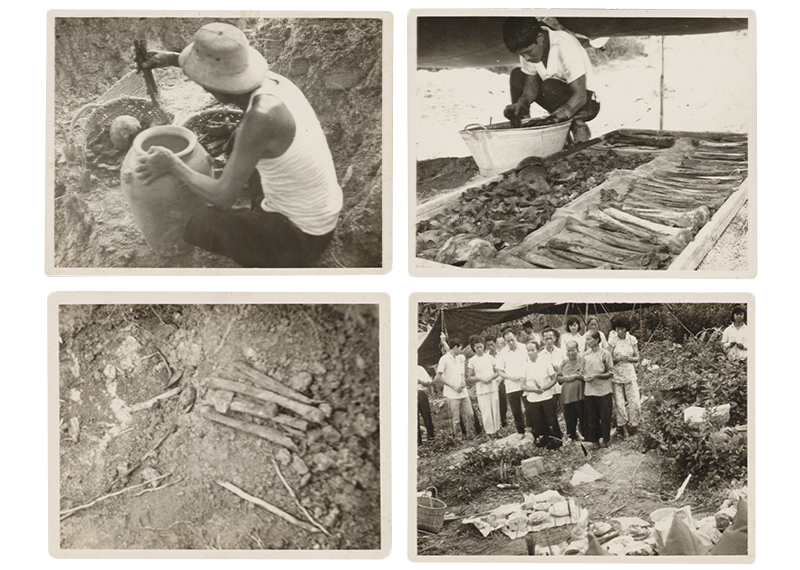 Collage of four black-and-white images showing archaeological excavation and a group of people observing the site.